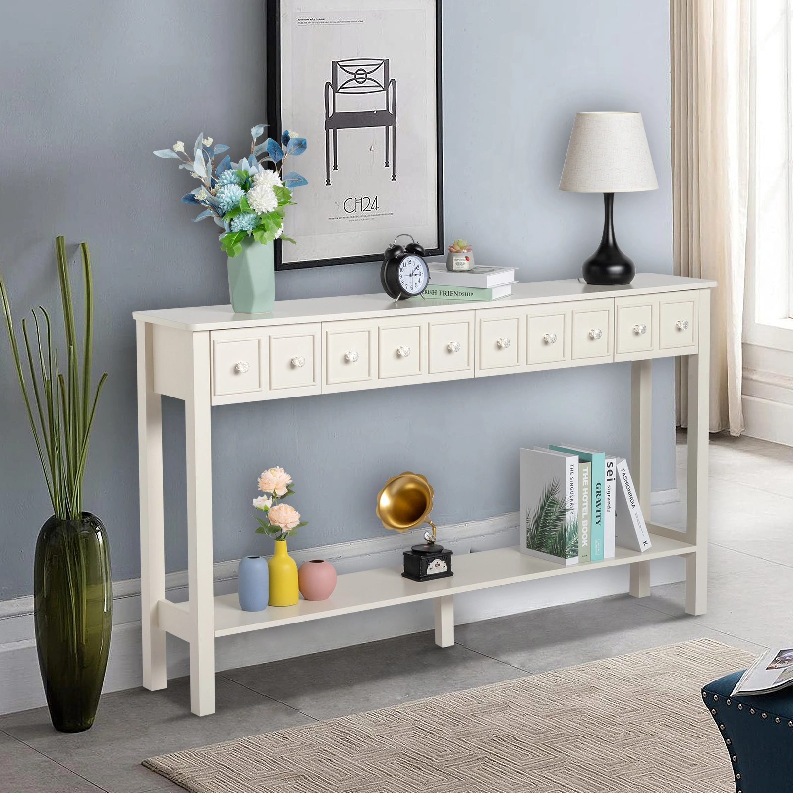 Long Console Table Entryway Table with Different Size Drawers and Bottom Shelf, White Narrow Storage Sofa Table for Entryway Hallway(White) Long Console Table view 19