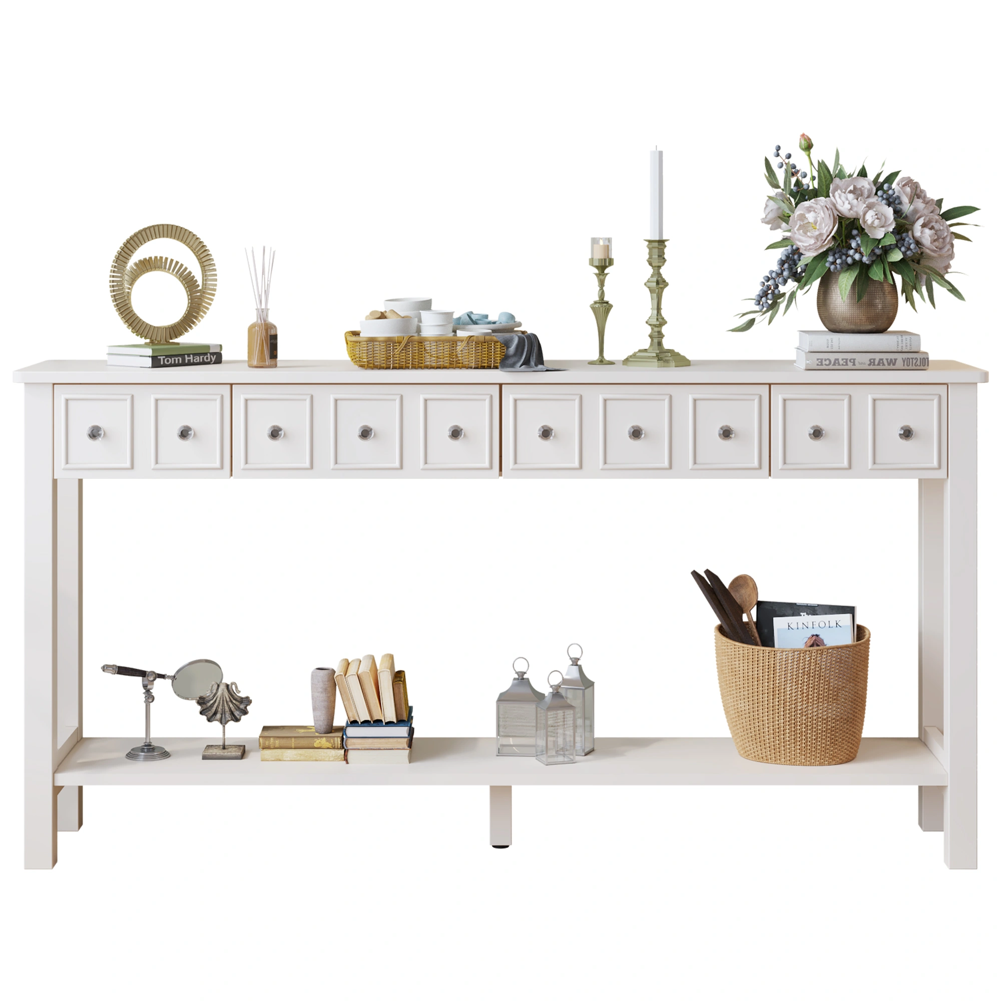 Long Console Table Entryway Table with Different Size Drawers and Bottom Shelf, White Narrow Storage Sofa Table for Entryway Hallway(White) Long Console Table view 2