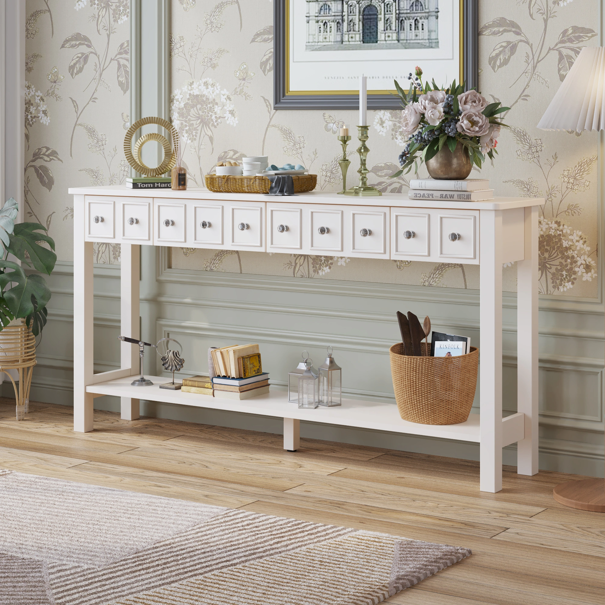 Long Console Table Entryway Table with Different Size Drawers and Bottom Shelf, White Narrow Storage Sofa Table for Entryway Hallway(White) Long Console Table view 20