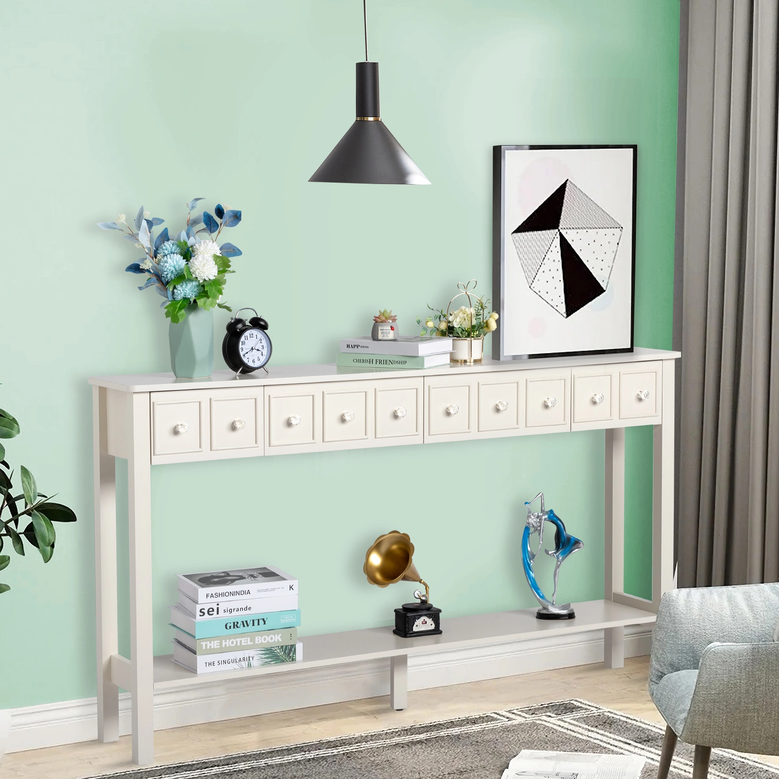 Long Console Table Entryway Table with Different Size Drawers and Bottom Shelf, White Narrow Storage Sofa Table for Entryway Hallway(White) Long Console Table view 21