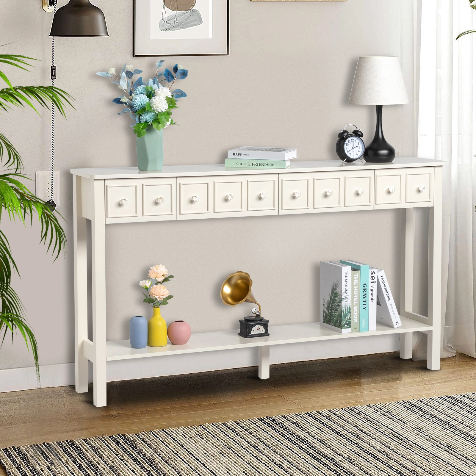 Long Console Table Entryway Table with Different Size Drawers and Bottom Shelf, White Narrow Storage Sofa Table for Entryway Hallway(White) Long Console Table view 22