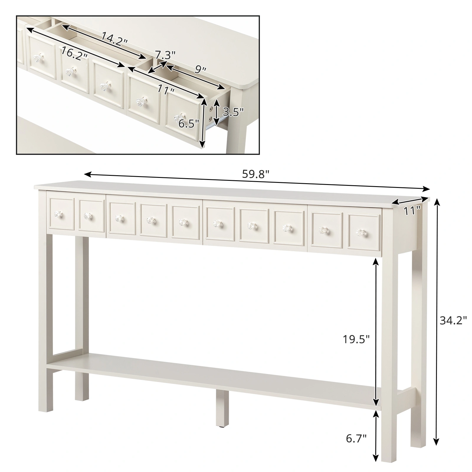 Long Console Table Entryway Table with Different Size Drawers and Bottom Shelf, White Narrow Storage Sofa Table for Entryway Hallway(White) Long Console Table view 5