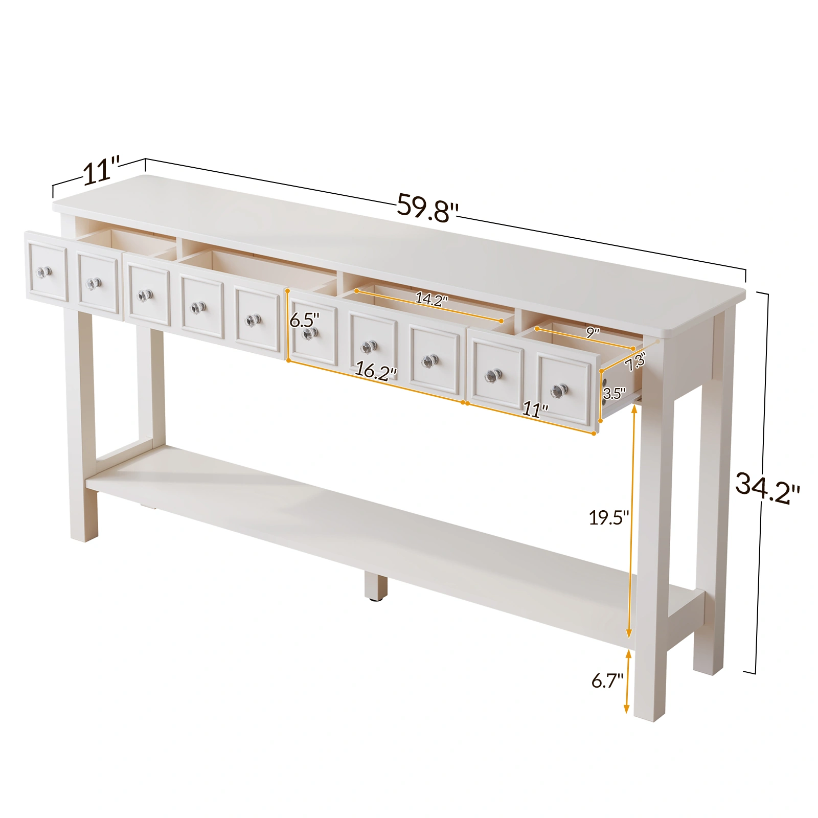 Long Console Table Entryway Table with Different Size Drawers and Bottom Shelf, White Narrow Storage Sofa Table for Entryway Hallway(White) Long Console Table view 6