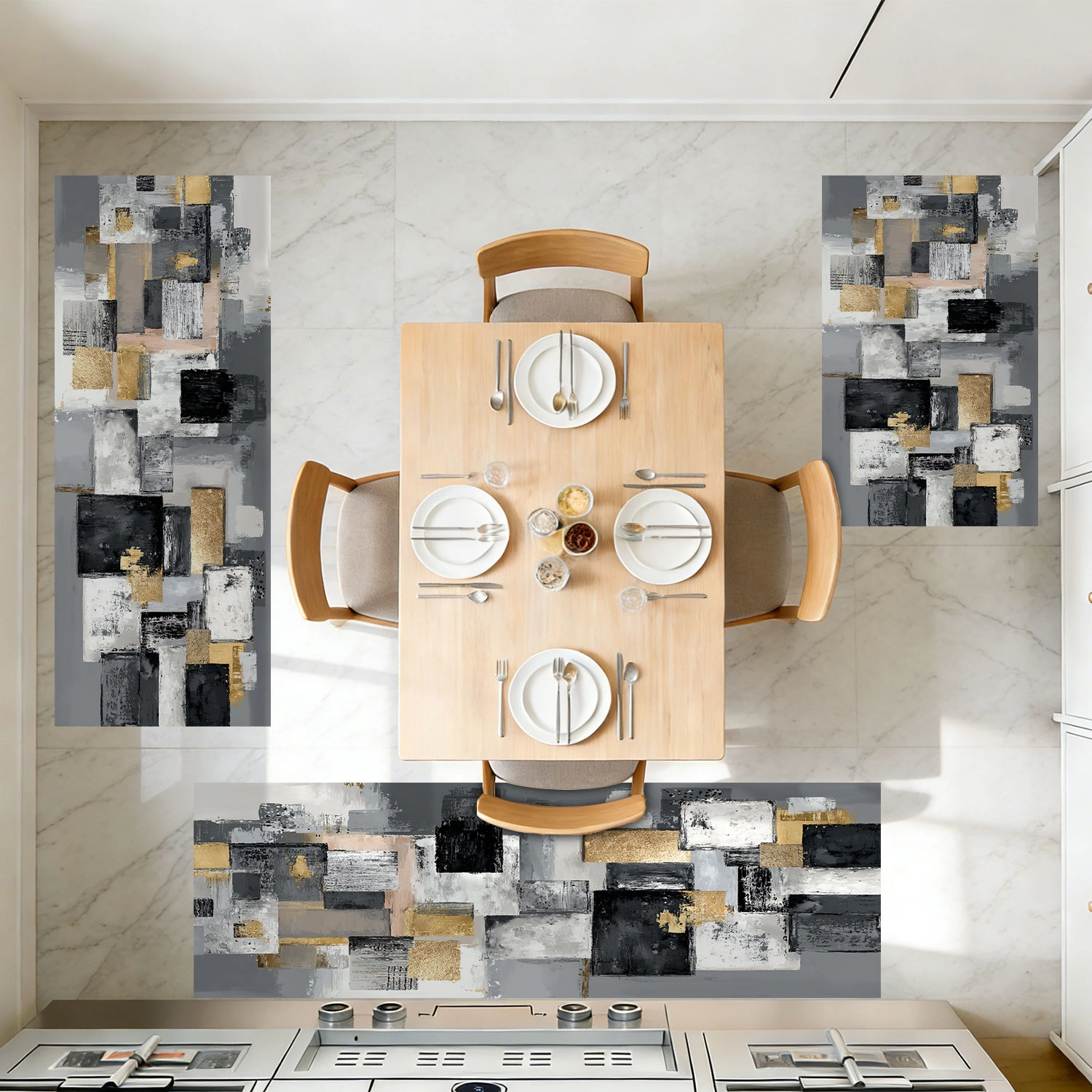 Three-piece kitchen rug set, non-slip and washable, abstract pattern kitchen hallway rug, soft and comfortable, suitable for sinks, floors, entrances, hallways and bathrooms. view 11