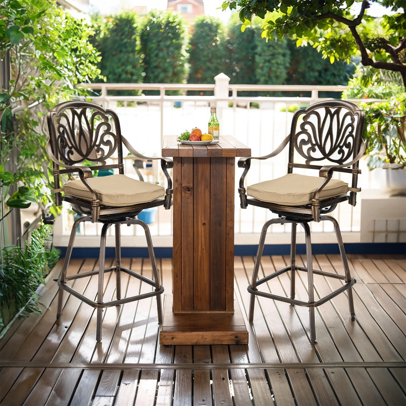 Outdoor Swivel Bar Stools Set of 2, Cast Aluminum Patio Bar Height Chairs, All-Weather Bar Dining Chairs Outdoor Swivel Chairs Furniture (Elizabethan Back) view 11