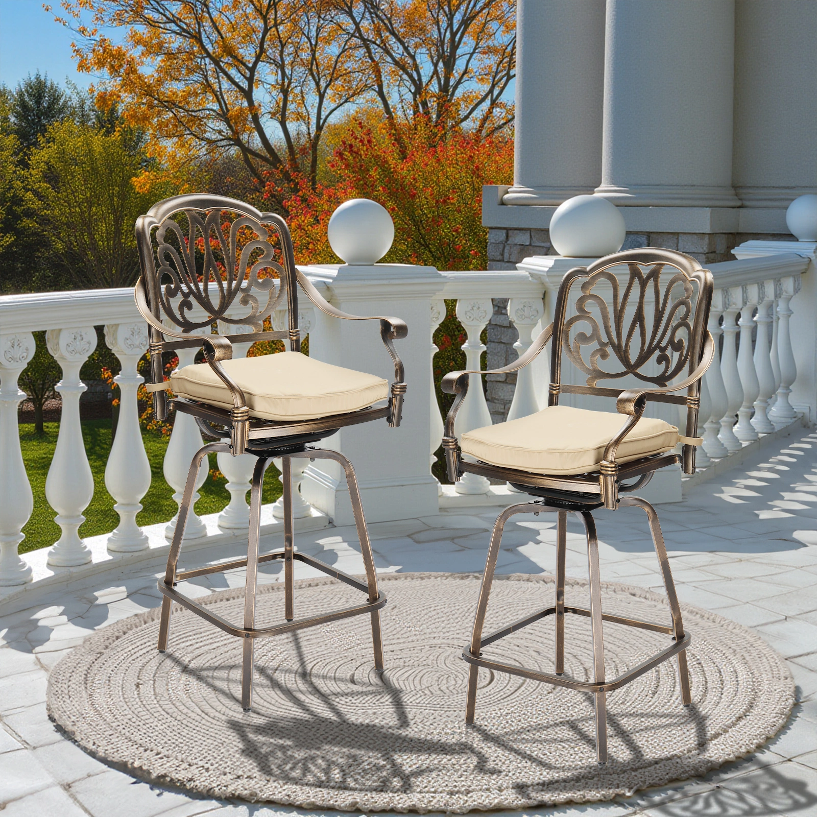 Outdoor Swivel Bar Stools Set of 2, Cast Aluminum Patio Bar Height Chairs, All-Weather Bar Dining Chairs Outdoor Swivel Chairs Furniture (Elizabethan Back) view 14