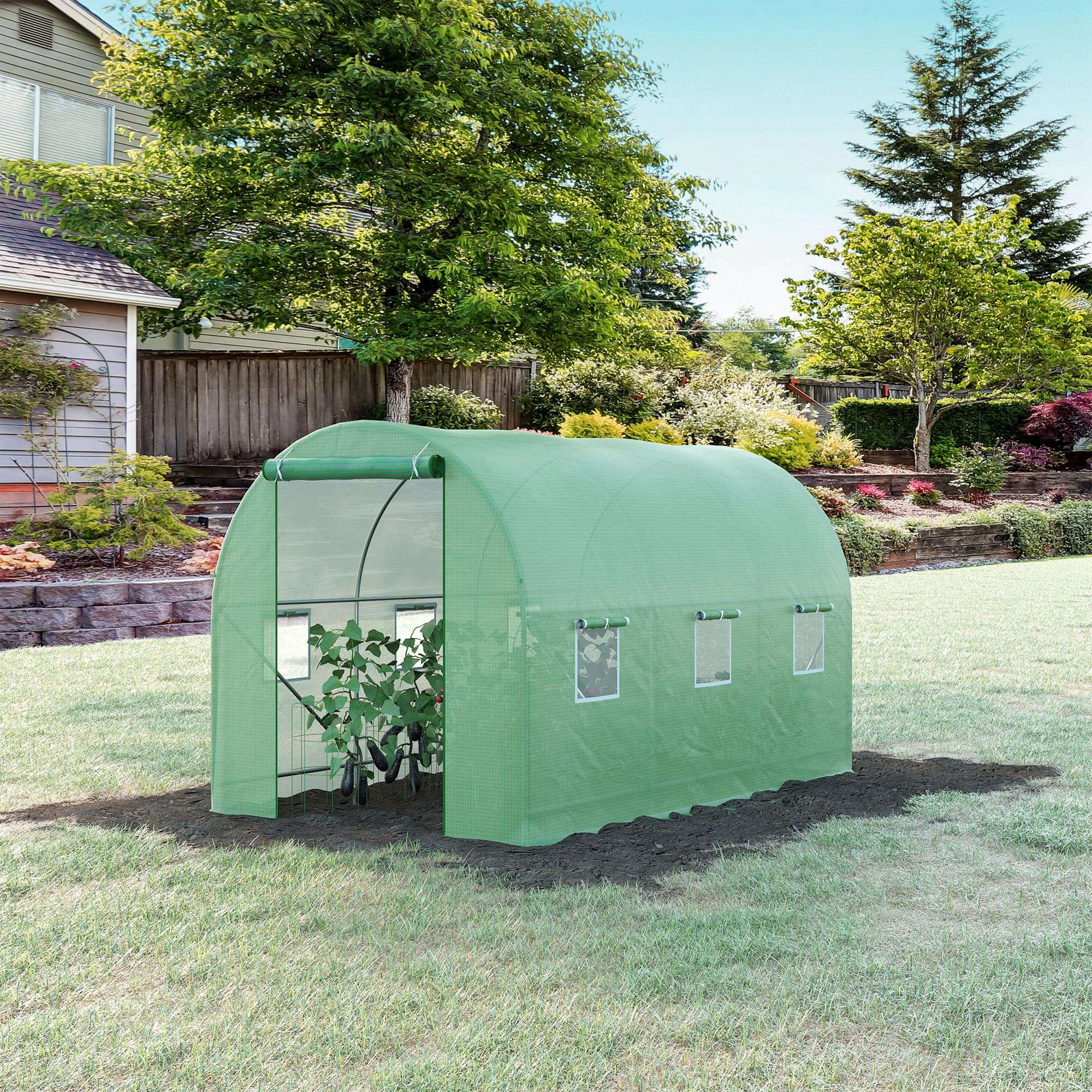 Walk-in Tunnel Greenhouse, 12x8x8 ft Metal Frame Greenhouse with Clear Corrugated Roof, Vent Doors, All-Season Plant Growing Shelter