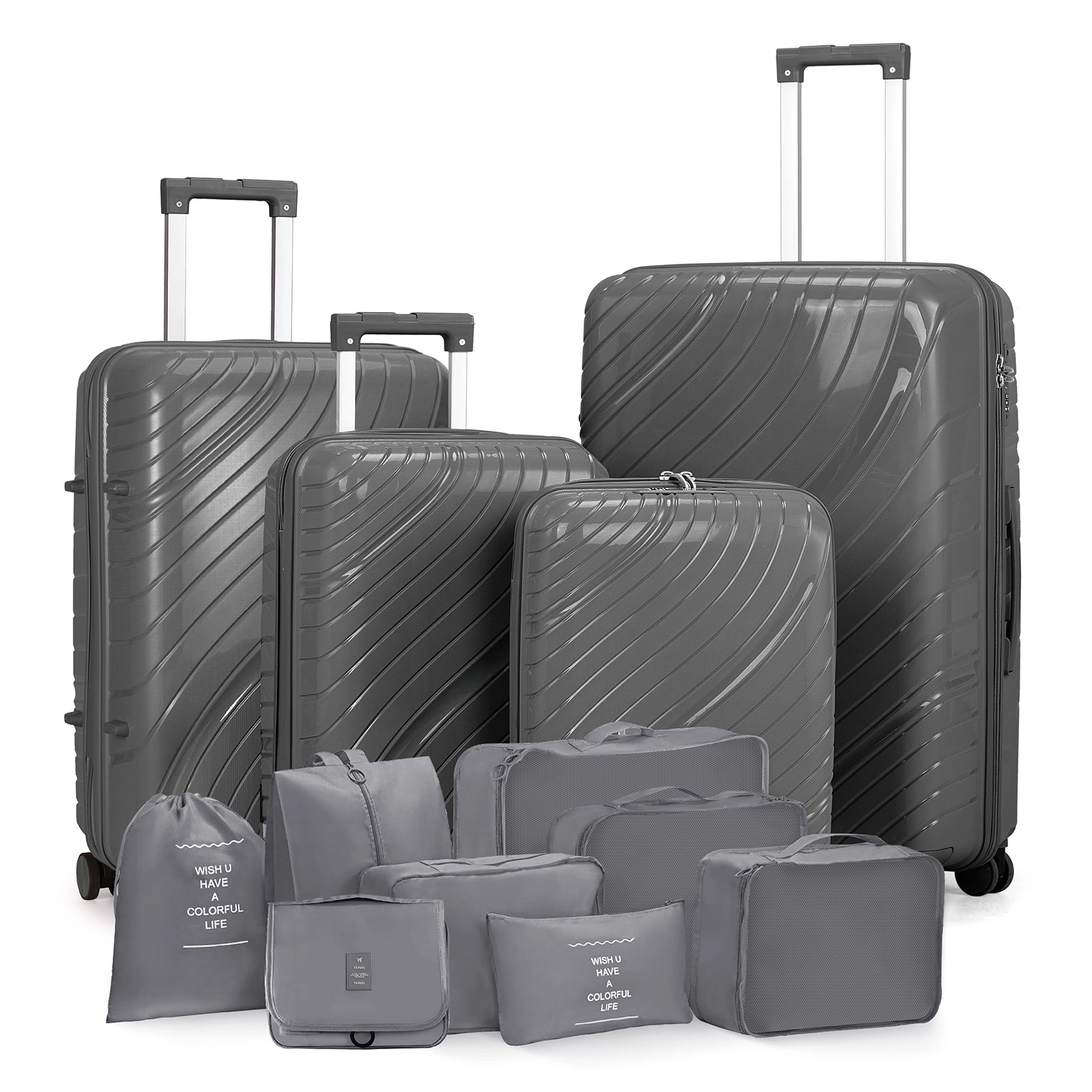 4 Piece Luggage Set 18 20 24 28 Inch Hardshell Suitcase PP with Spinner Wheels Iron Telescopic Handle 2 Handbags 30L Tote 3L Wash Bag Dark Gray