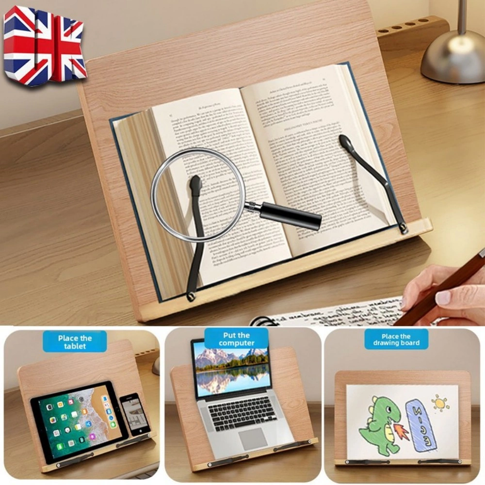 Adjustable Book Stand Wooden Reading Rest, Recipe Cookbook Holder Stand Clip UK view 2