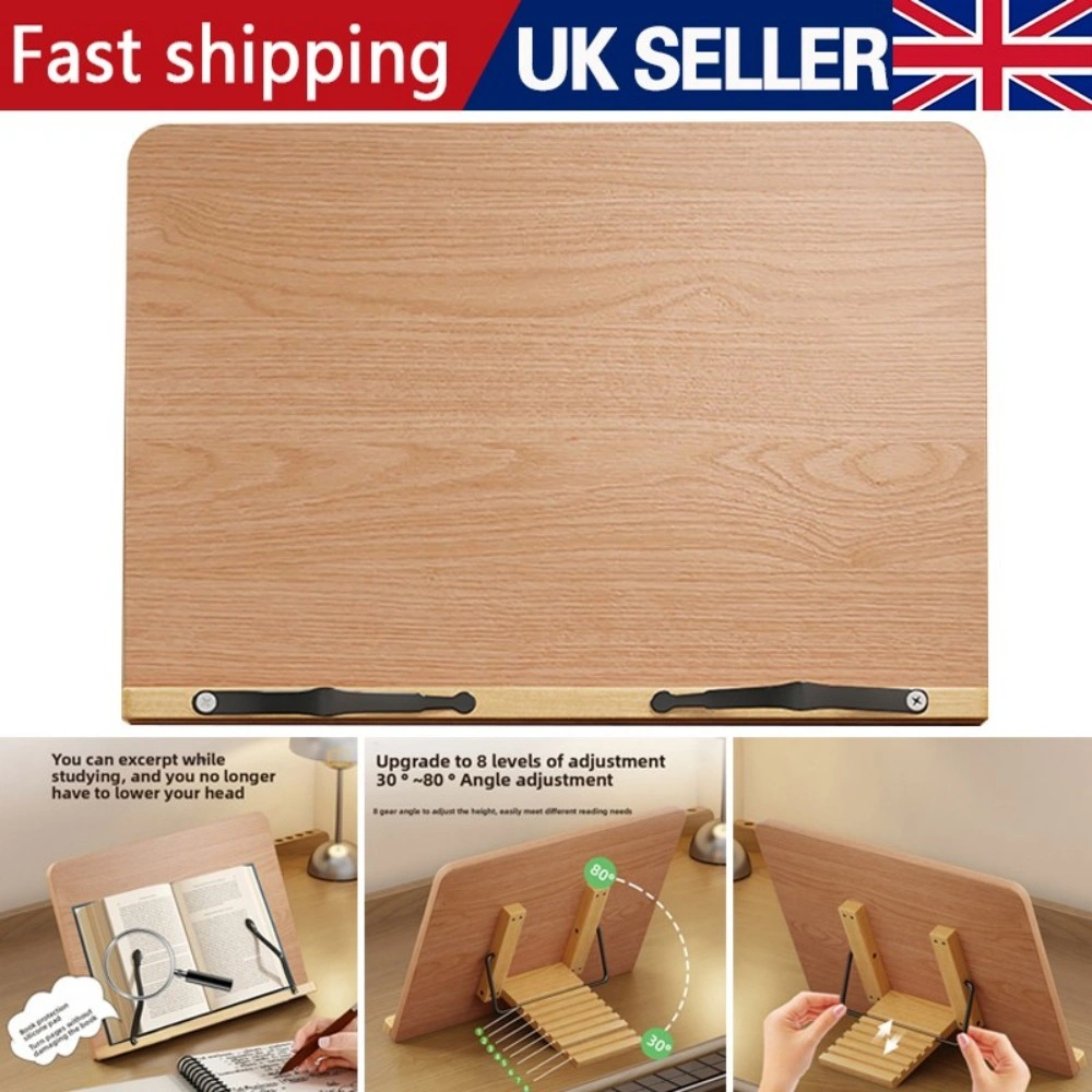 Adjustable Book Stand Wooden Reading Rest, Recipe Cookbook Holder Stand Clip UK view 5