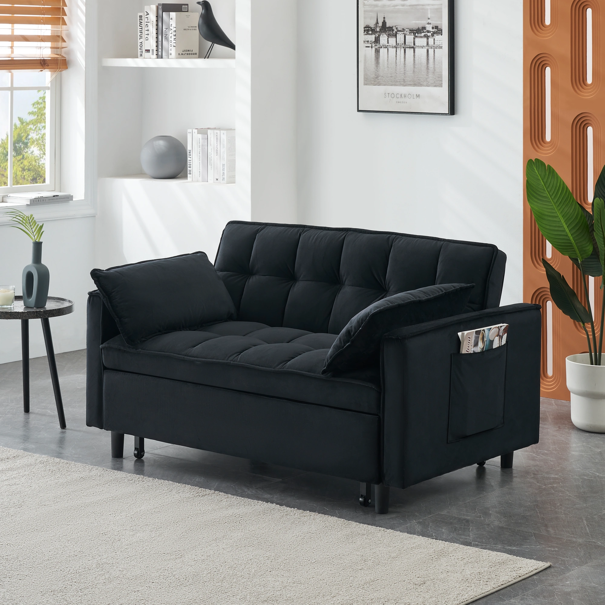 Modern Velvet Sofa Bed 3 in 1 Convertible Loveseat with Pillow, Pockets, Pull Out Futon, Small Sleeping Couch for Living Room