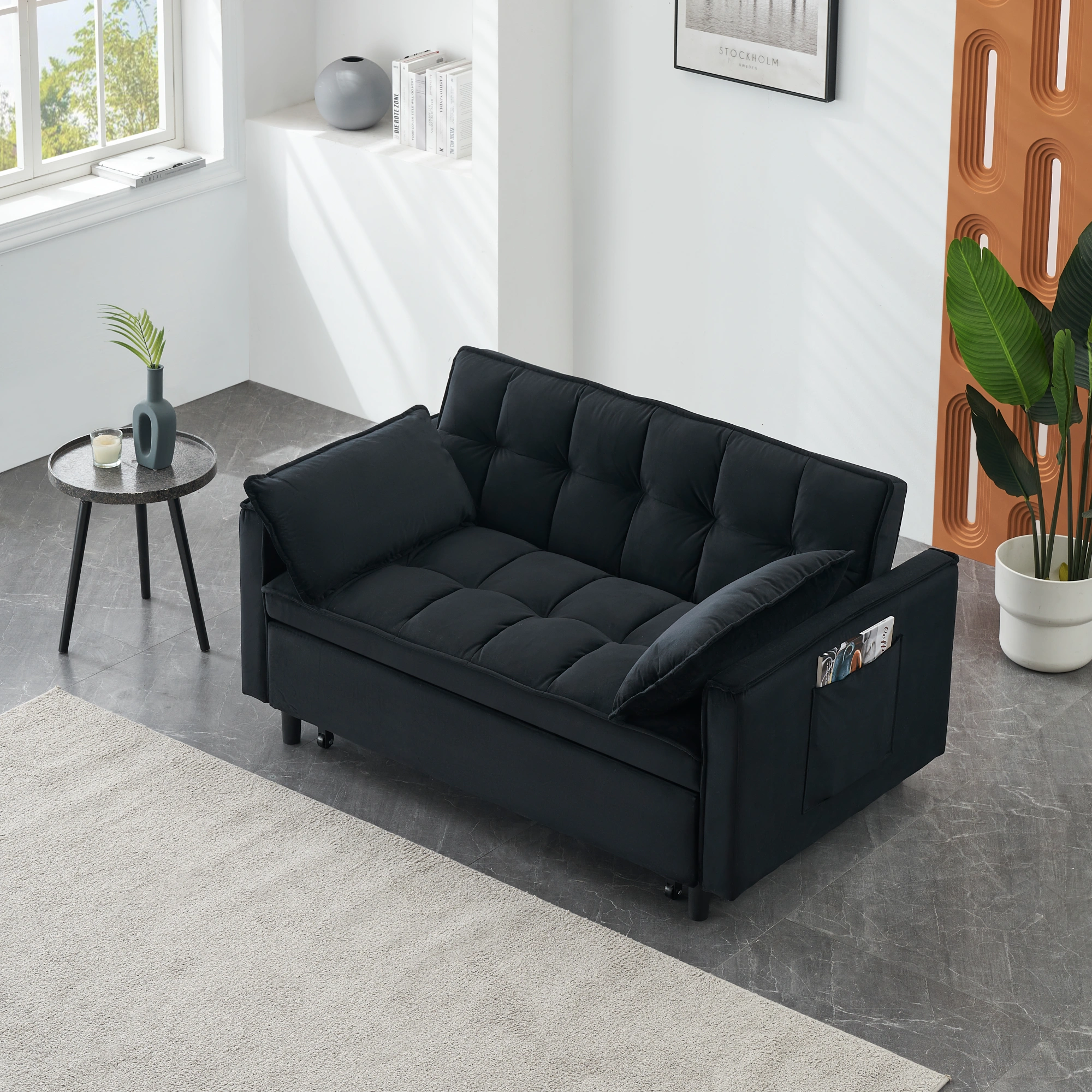 Modern Velvet Sofa Bed 3 in 1 Convertible Loveseat with Pillow, Pockets, Pull Out Futon, Small Sleeping Couch for Living Room view 2