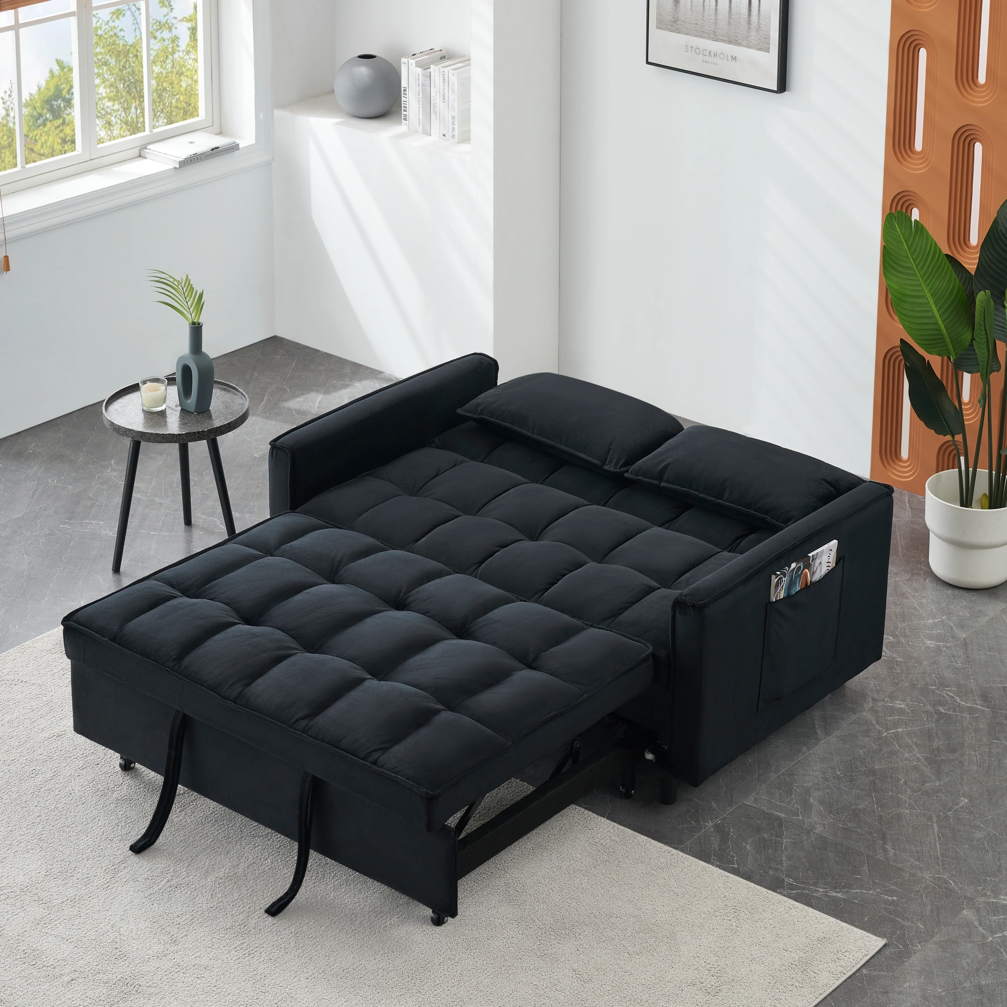 Modern Velvet Sofa Bed 3 in 1 Convertible Loveseat with Pillow, Pockets, Pull Out Futon, Small Sleeping Couch for Living Room view 3