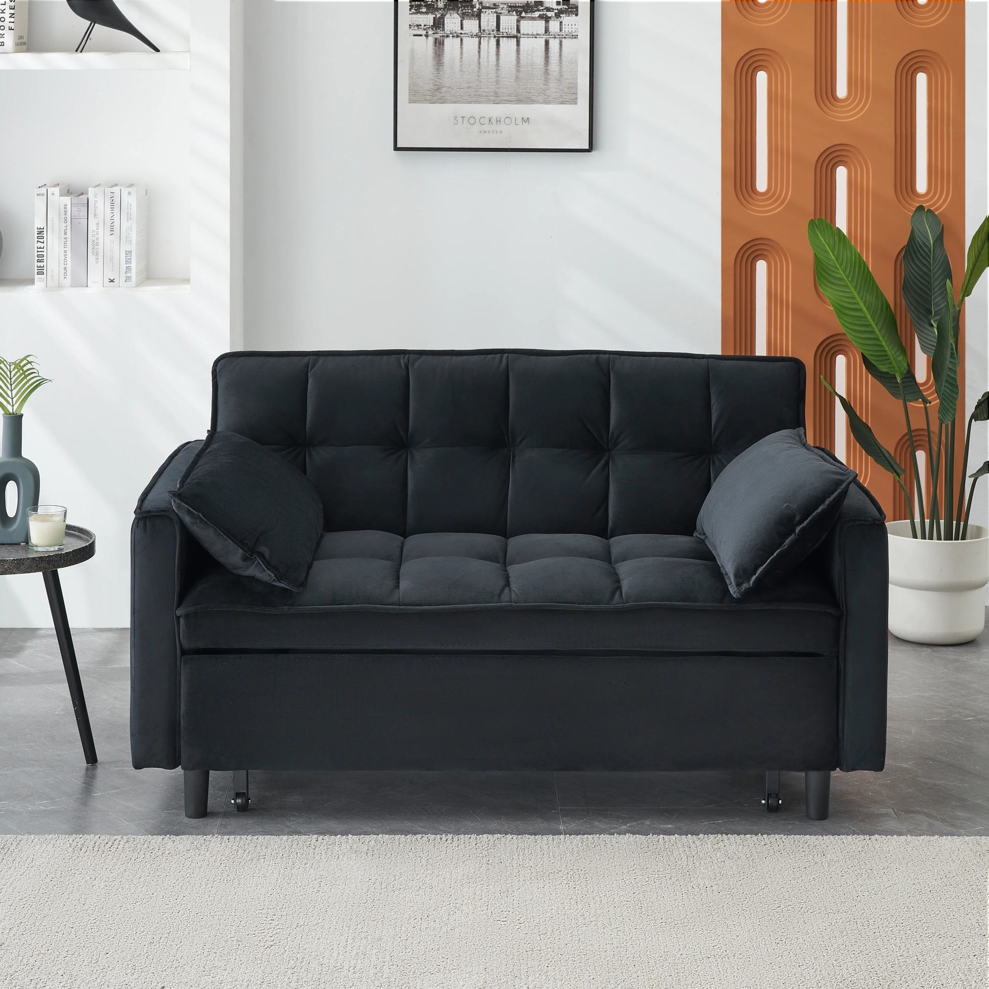 Modern Velvet Sofa Bed 3 in 1 Convertible Loveseat with Pillow, Pockets, Pull Out Futon, Small Sleeping Couch for Living Room view 4