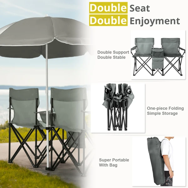 Portable Outdoor 2-Seat Folding Chair with Removable Sun Umbrella Grey view 6