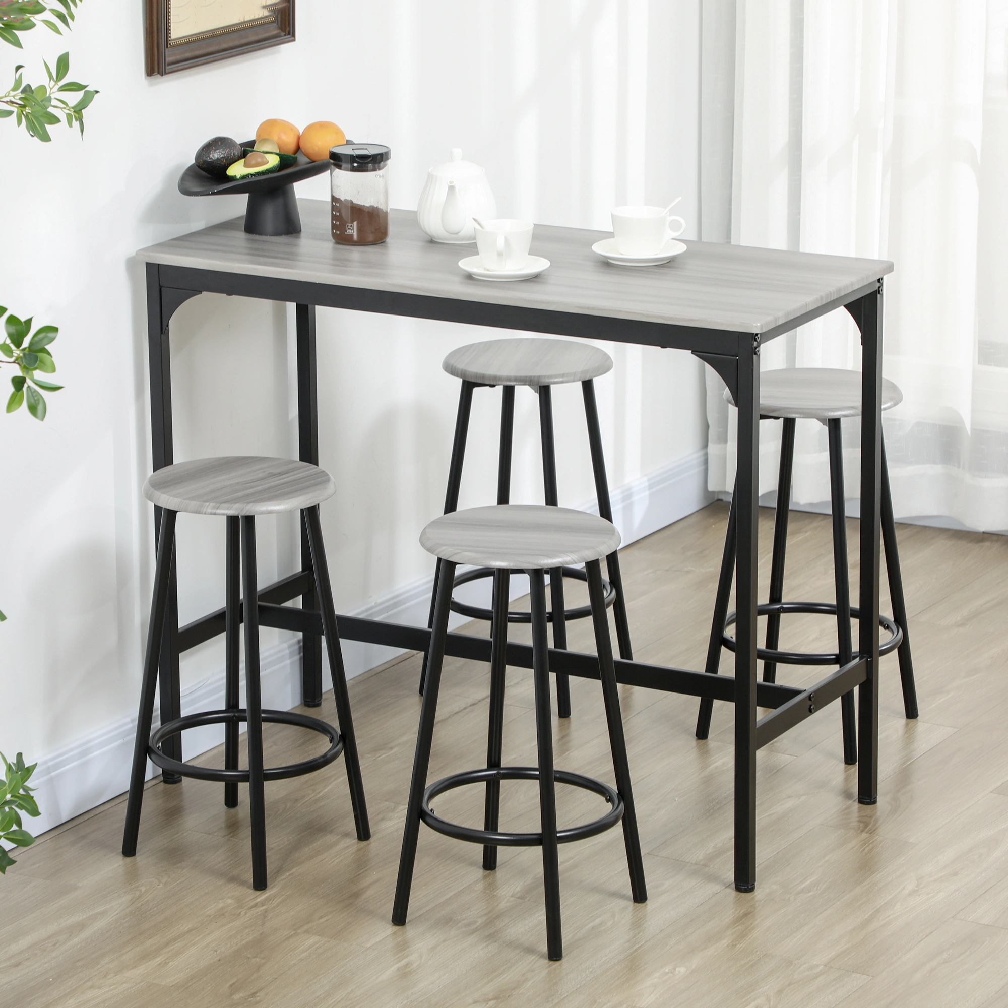 36 Inch Pub Table and Chairs 4 Piece Dining Set, Height Adjustable Bar Height Table with 2 Stools, Metal Frame, Indoor Outdoor Home Kitchen Cafe