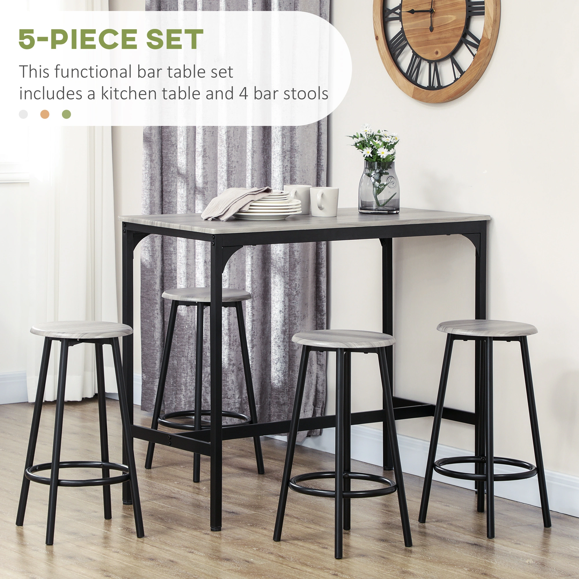 36 Inch Pub Table and Chairs 4 Piece Dining Set, Height Adjustable Bar Height Table with 2 Stools, Metal Frame, Indoor Outdoor Home Kitchen Cafe view 3