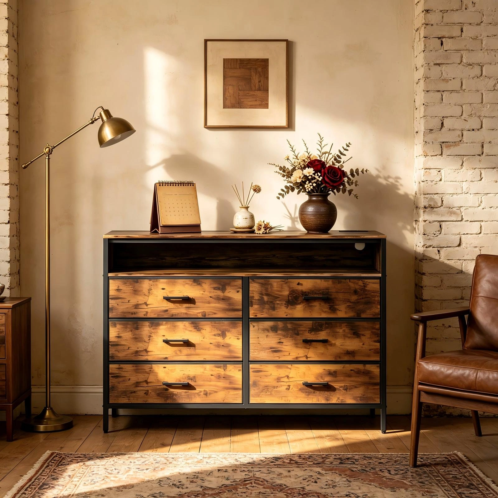 6-Drawer Dresser with LED Lights & Charging Station, Non-Woven Fabric Storage Cabinet with Shelves, P2 Particleboard, Iron Frame, 45x11.8x34.3 Inch, Rotten Wood Finish