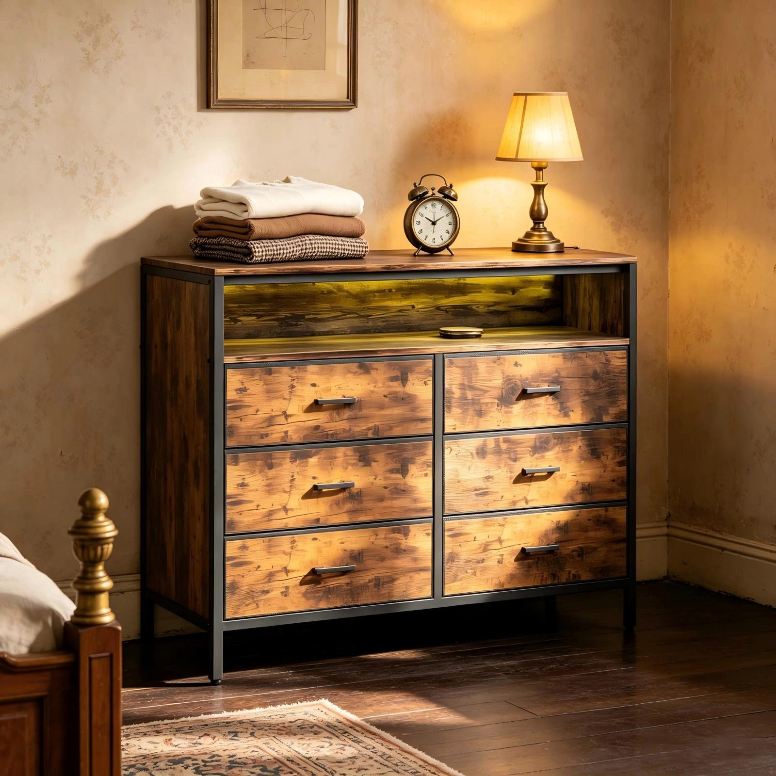 6-Drawer Dresser with LED Lights & Charging Station, Non-Woven Fabric Storage Cabinet with Shelves, P2 Particleboard, Iron Frame, 45x11.8x34.3 Inch, Rotten Wood Finish view 2