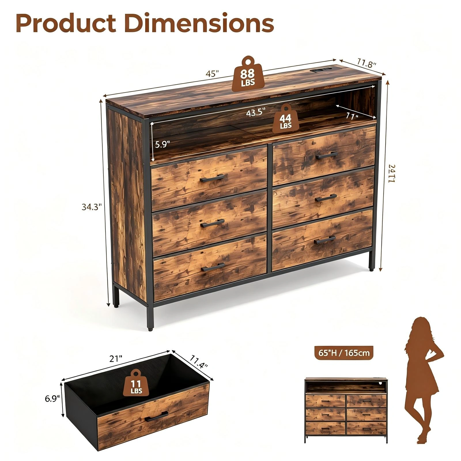 6-Drawer Dresser with LED Lights & Charging Station, Non-Woven Fabric Storage Cabinet with Shelves, P2 Particleboard, Iron Frame, 45x11.8x34.3 Inch, Rotten Wood Finish view 4