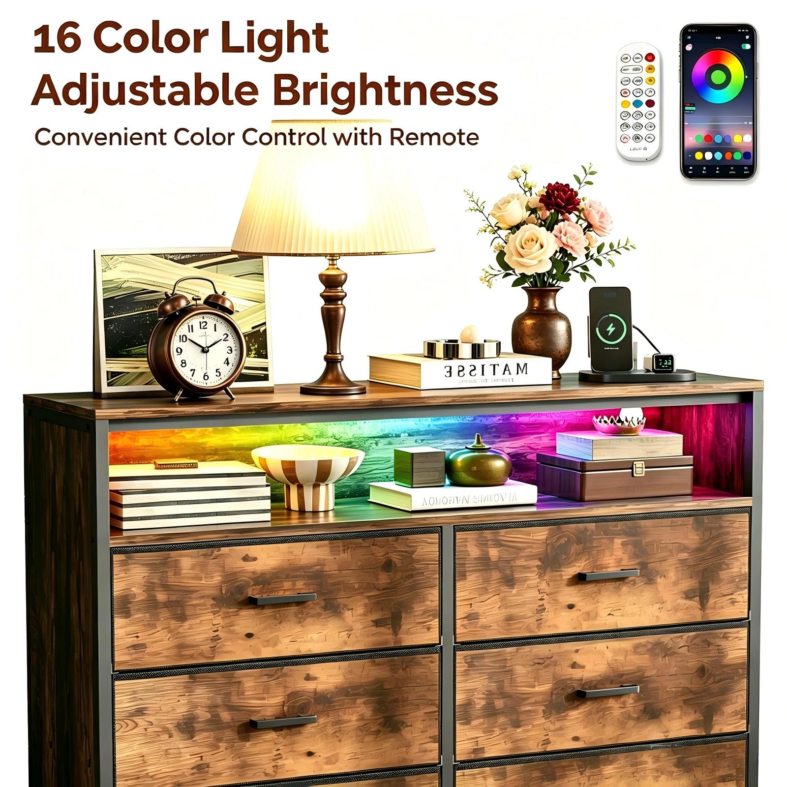 6-Drawer Dresser with LED Lights & Charging Station, Non-Woven Fabric Storage Cabinet with Shelves, P2 Particleboard, Iron Frame, 45x11.8x34.3 Inch, Rotten Wood Finish view 5
