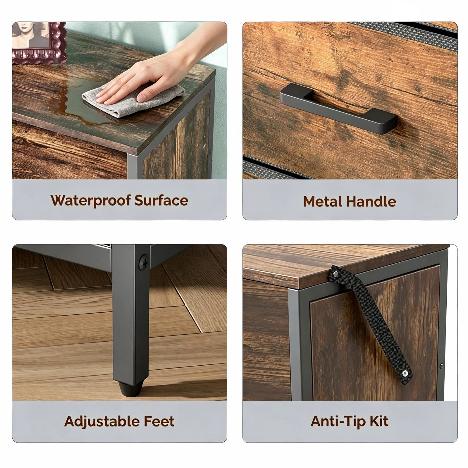 6-Drawer Dresser with LED Lights & Charging Station, Non-Woven Fabric Storage Cabinet with Shelves, P2 Particleboard, Iron Frame, 45x11.8x34.3 Inch, Rotten Wood Finish view 7