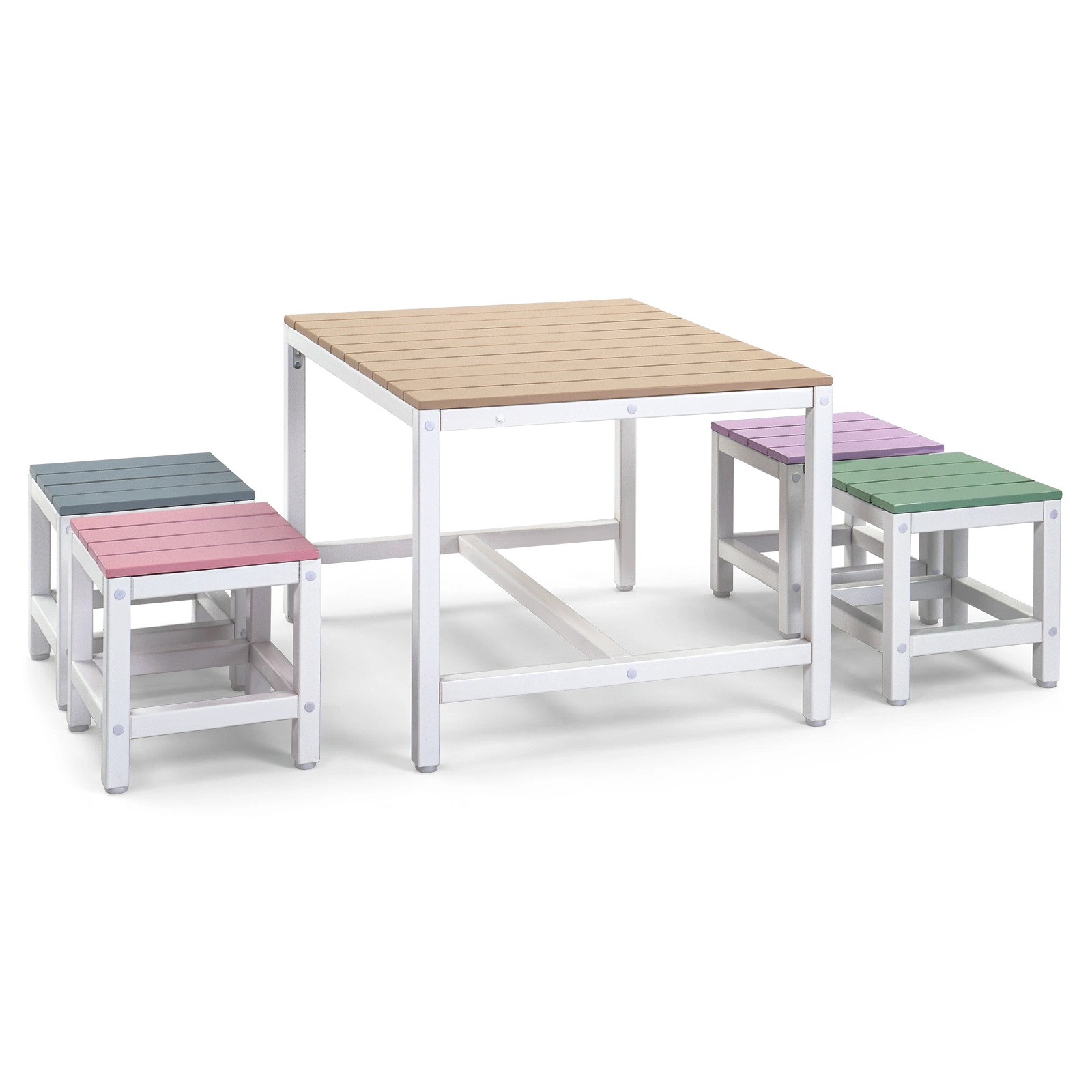 5-piece children's patio table and chair set (1 table + 4 stools), 29.5 inches, khaki, pink, purple, blue, and green color blocking, made of poplar wood