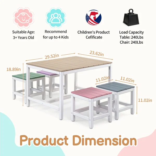 5-piece children's patio table and chair set (1 table + 4 stools), 29.5 inches, khaki, pink, purple, blue, and green color blocking, made of poplar wood view 2
