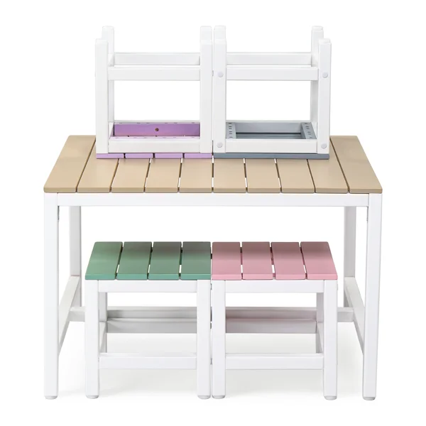 5-piece children's patio table and chair set (1 table + 4 stools), 29.5 inches, khaki, pink, purple, blue, and green color blocking, made of poplar wood view 3