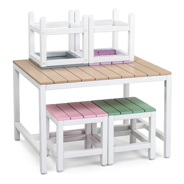 5-piece children's patio table and chair set (1 table + 4 stools), 29.5 inches, khaki, pink, purple, blue, and green color blocking, made of poplar wood view 4