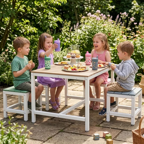 5-piece children's patio table and chair set (1 table + 4 stools), 29.5 inches, khaki, pink, purple, blue, and green color blocking, made of poplar wood view 5