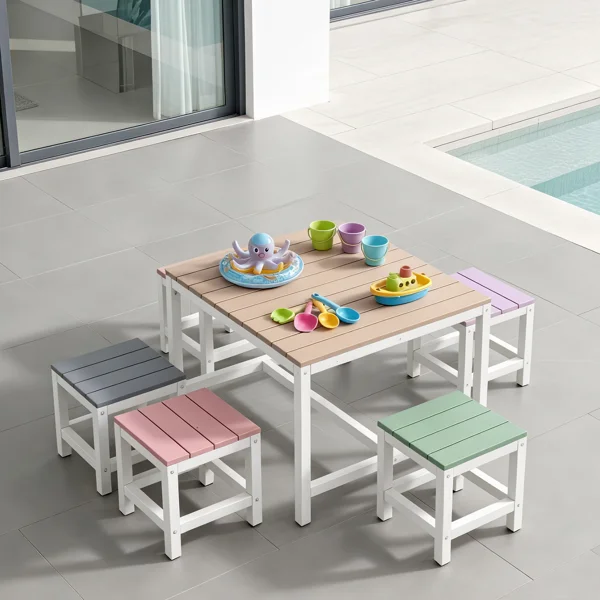 5-piece children's patio table and chair set (1 table + 4 stools), 29.5 inches, khaki, pink, purple, blue, and green color blocking, made of poplar wood view 6