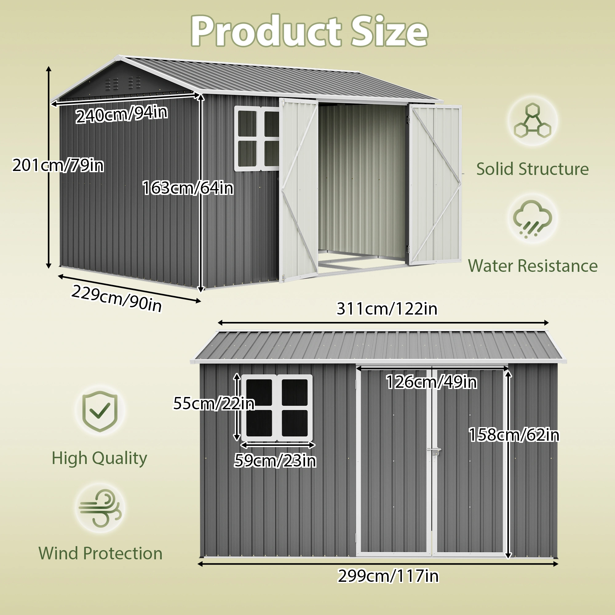 10x8 FT Metal Storage Shed, Outdoor Garden Tool Shed with Window & Lock, Waterproof UV Protection, 4 Air Vents, Gloves & Ground Nails Included, Reinforced Grid Frame, Heavy Duty Patio Shed view 2