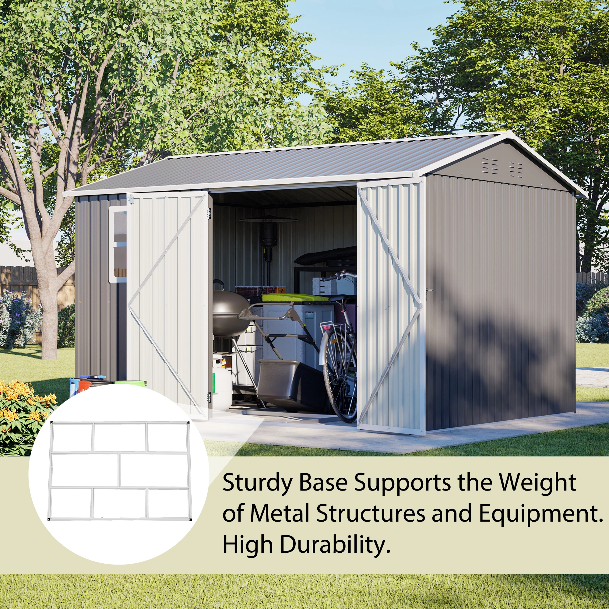 10x8 FT Metal Storage Shed, Outdoor Garden Tool Shed with Window & Lock, Waterproof UV Protection, 4 Air Vents, Gloves & Ground Nails Included, Reinforced Grid Frame, Heavy Duty Patio Shed view 3