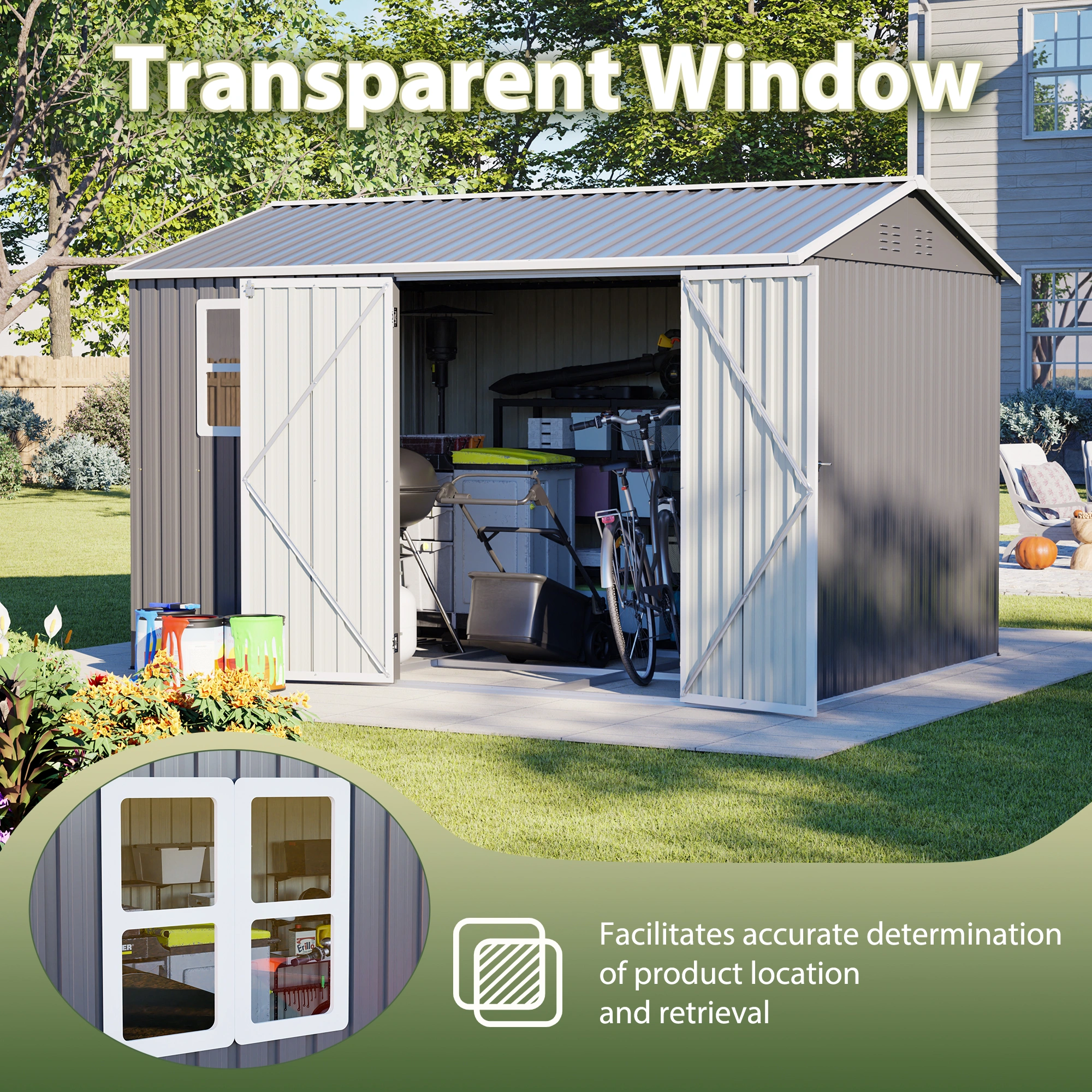 10x8 FT Metal Storage Shed, Outdoor Garden Tool Shed with Window & Lock, Waterproof UV Protection, 4 Air Vents, Gloves & Ground Nails Included, Reinforced Grid Frame, Heavy Duty Patio Shed view 4