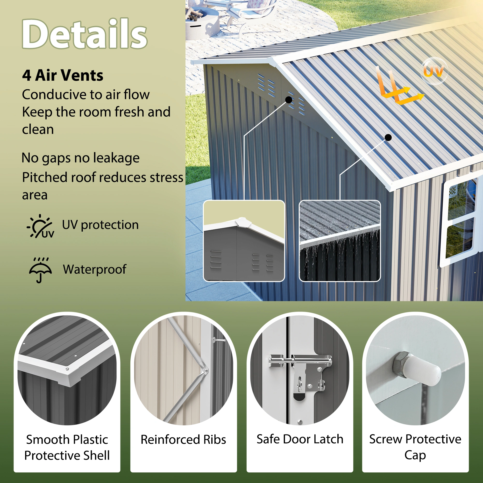 10x8 FT Metal Storage Shed, Outdoor Garden Tool Shed with Window & Lock, Waterproof UV Protection, 4 Air Vents, Gloves & Ground Nails Included, Reinforced Grid Frame, Heavy Duty Patio Shed view 5