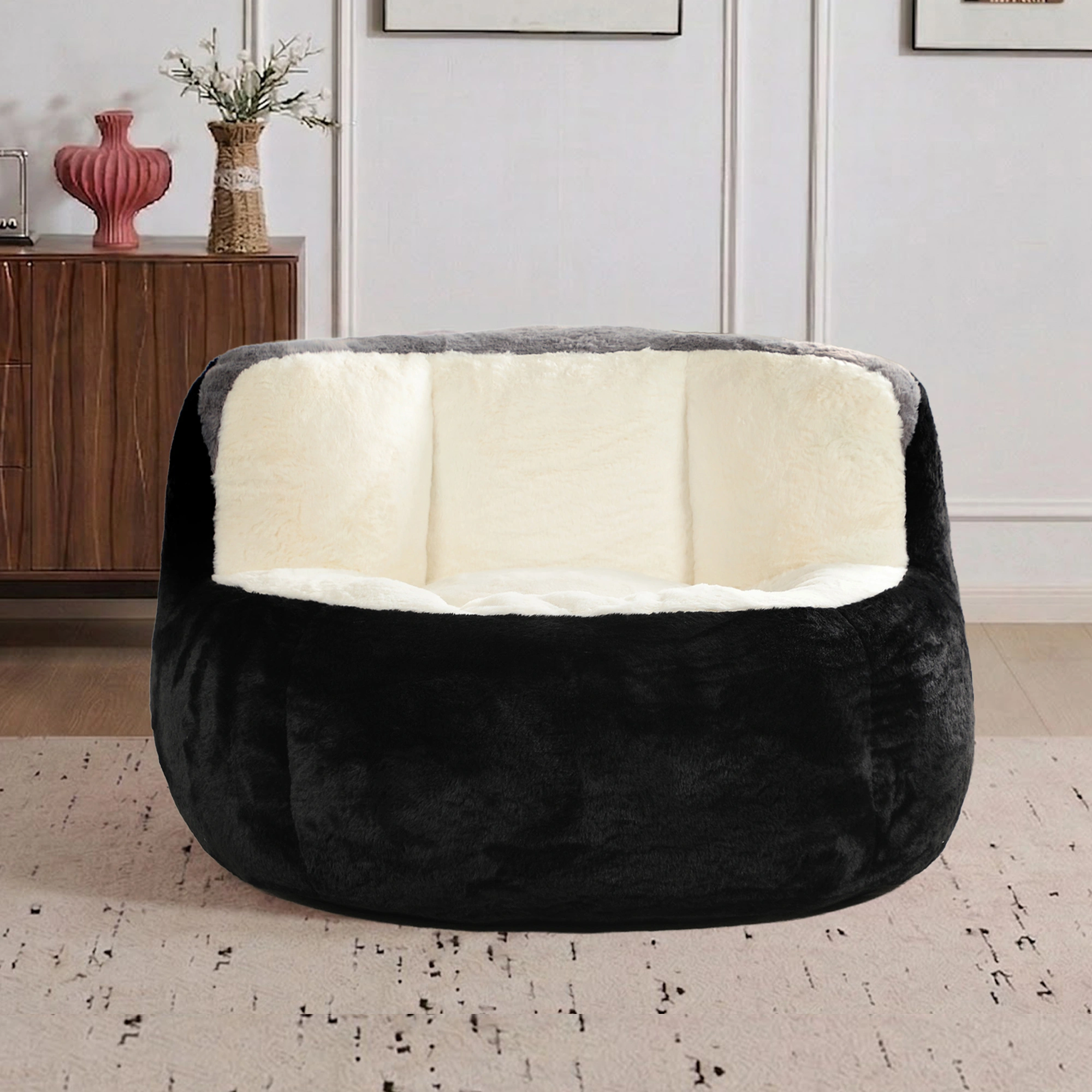 Oversized Faux Fur Bean Bag Chair, Shredded Sponge Fill Lounger Sofa, No Assembly Required, Black White Grey view 2
