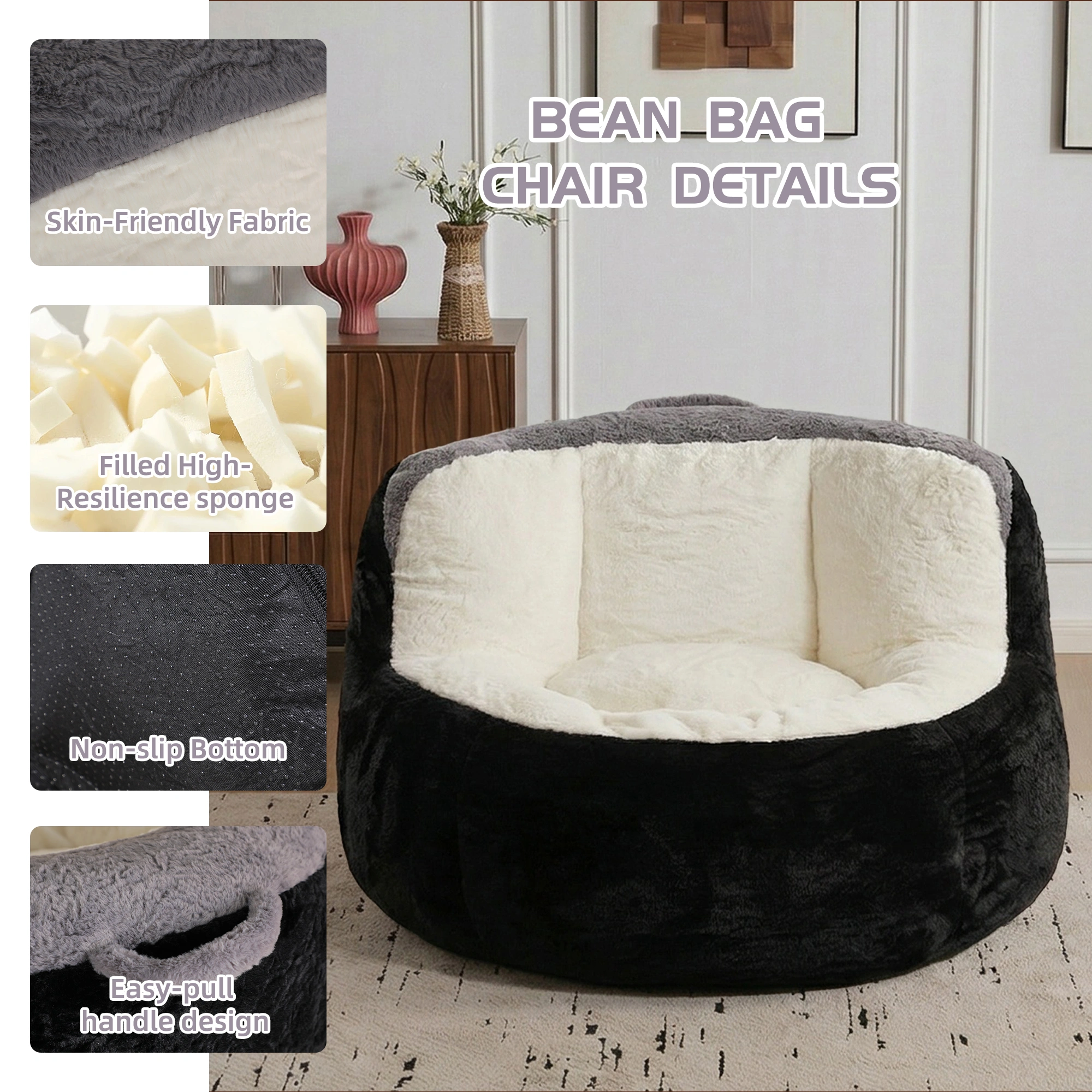 Oversized Faux Fur Bean Bag Chair, Shredded Sponge Fill Lounger Sofa, No Assembly Required, Black White Grey view 4