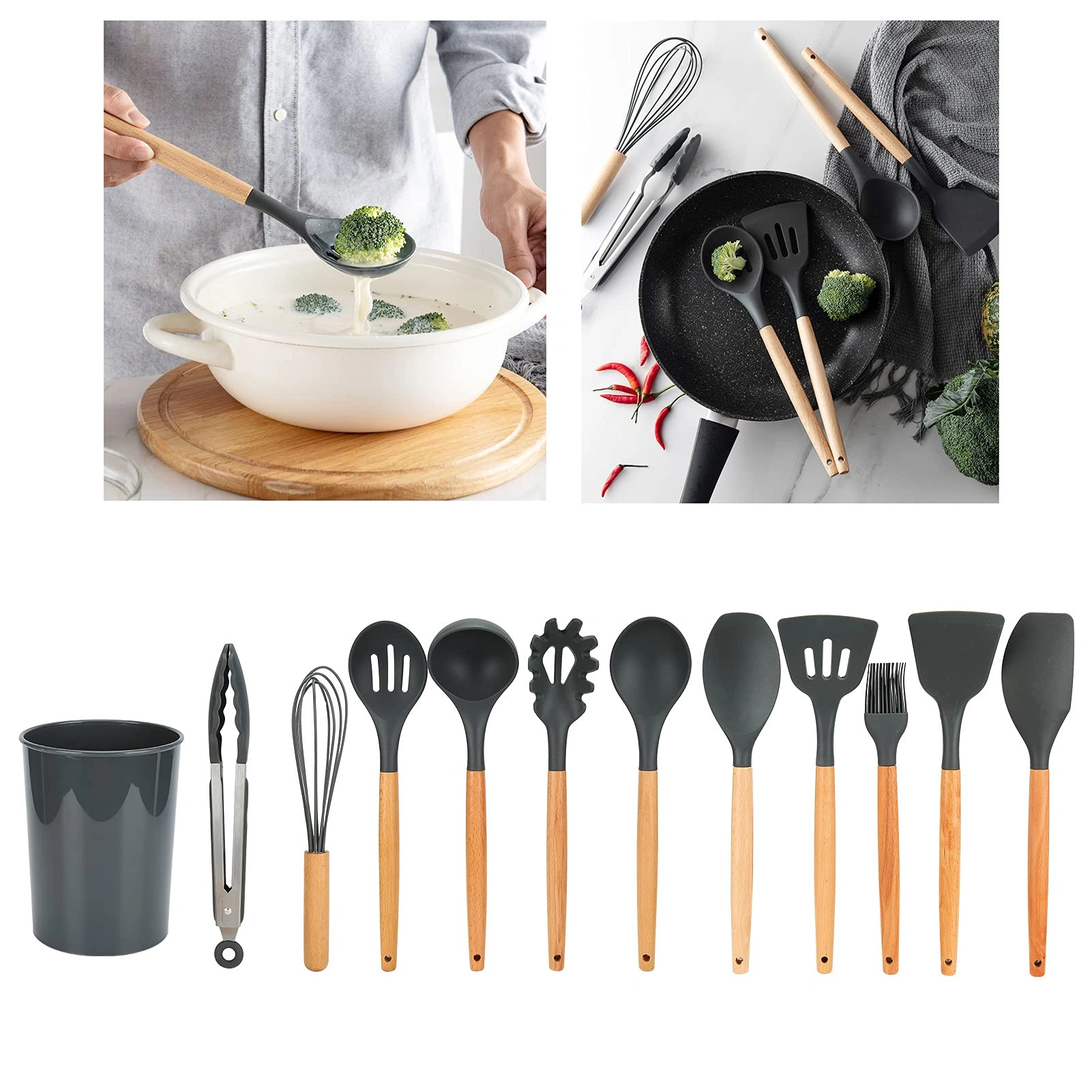 12PCS Silicone Kitchen Utensil Set with Wooden Handle - Non-Stick Heat Resistant to 480°F, Grey Beech Wood Cooking Spoons & Cutlery for Home