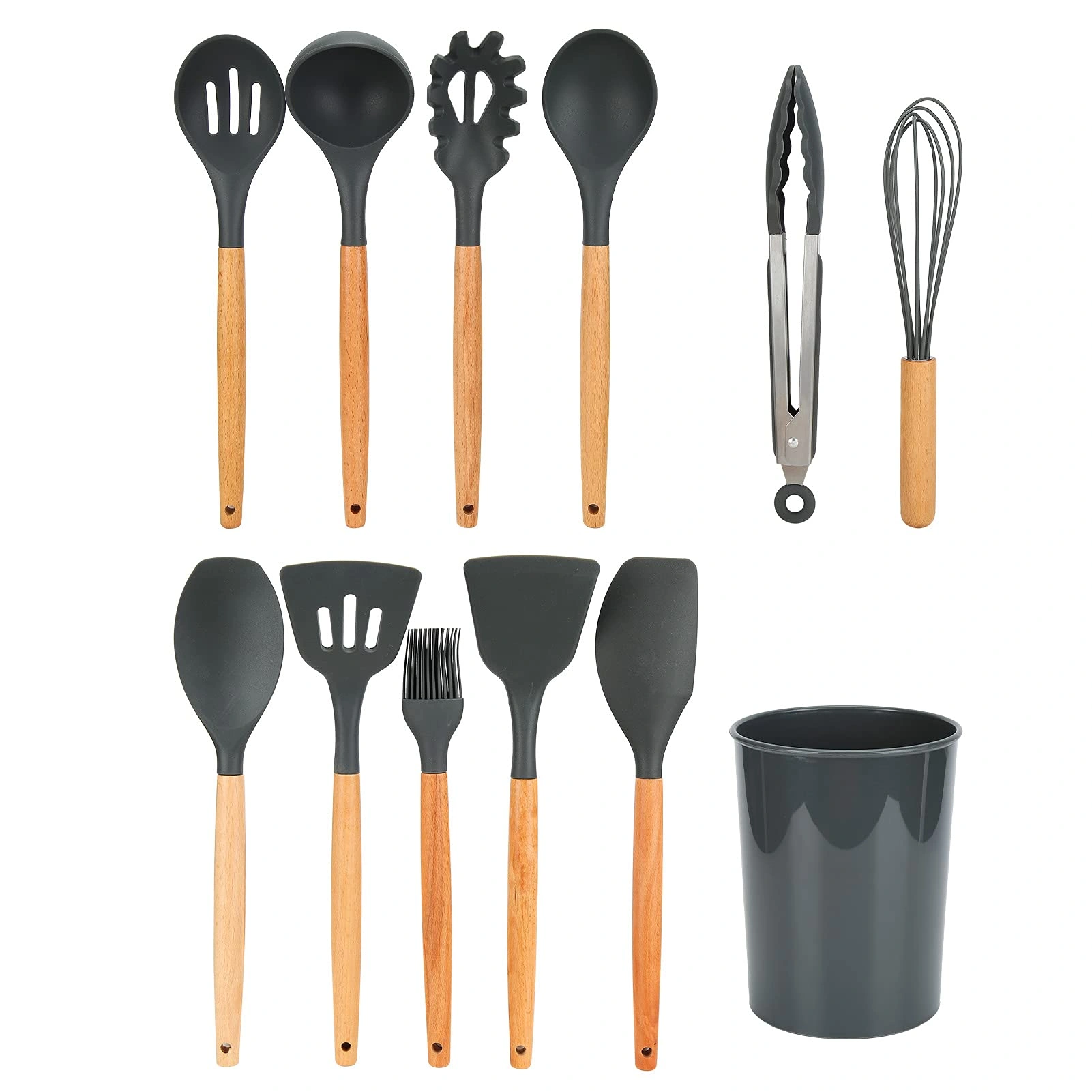 12PCS Silicone Kitchen Utensil Set with Wooden Handle - Non-Stick Heat Resistant to 480°F, Grey Beech Wood Cooking Spoons & Cutlery for Home view 3