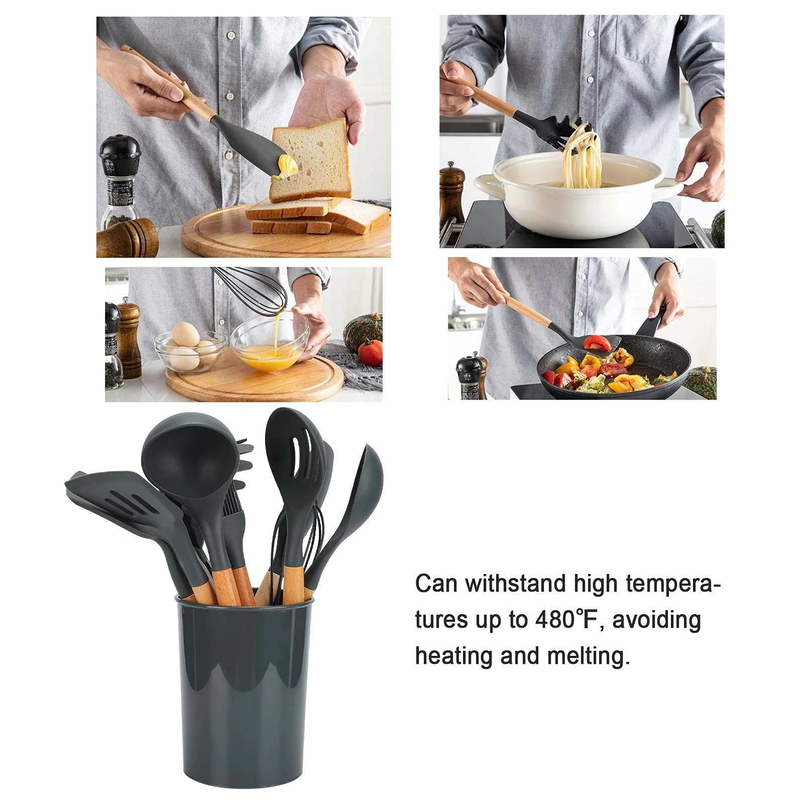 12PCS Silicone Kitchen Utensil Set with Wooden Handle - Non-Stick Heat Resistant to 480°F, Grey Beech Wood Cooking Spoons & Cutlery for Home view 4