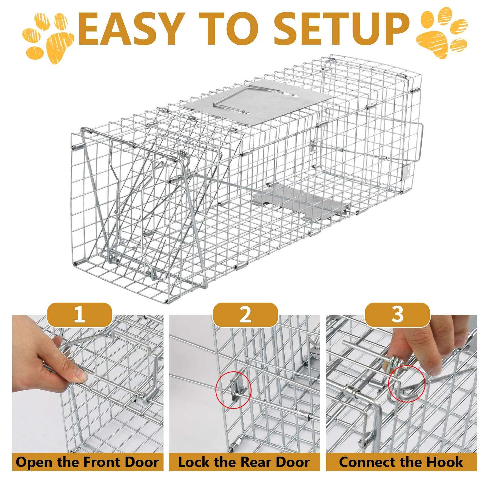 24" Live Animal Cage Trap Heavy Duty Folding Humane Cat Trap with Handle for Raccoons Rabbits Squirrels Skunks Mole Groundhogs Opossums view 3