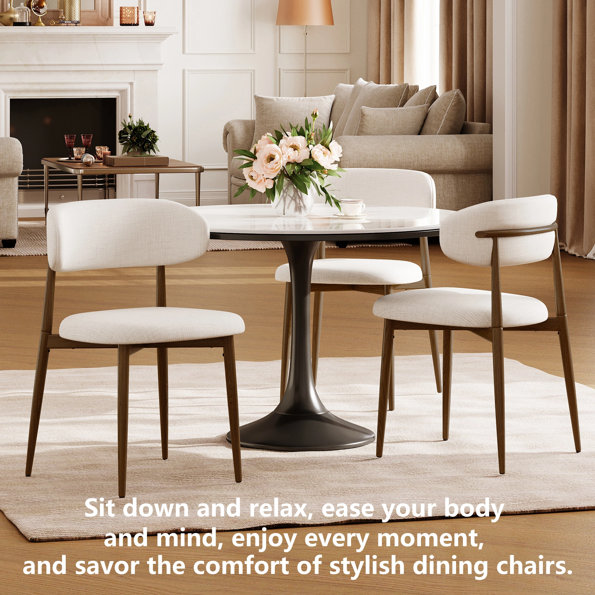Set of 2 Beige Dining Chairs, Modern Metal Kitchen Chairs with Fabric Upholstered Seat, Contemporary Dining Room Chairs view 10