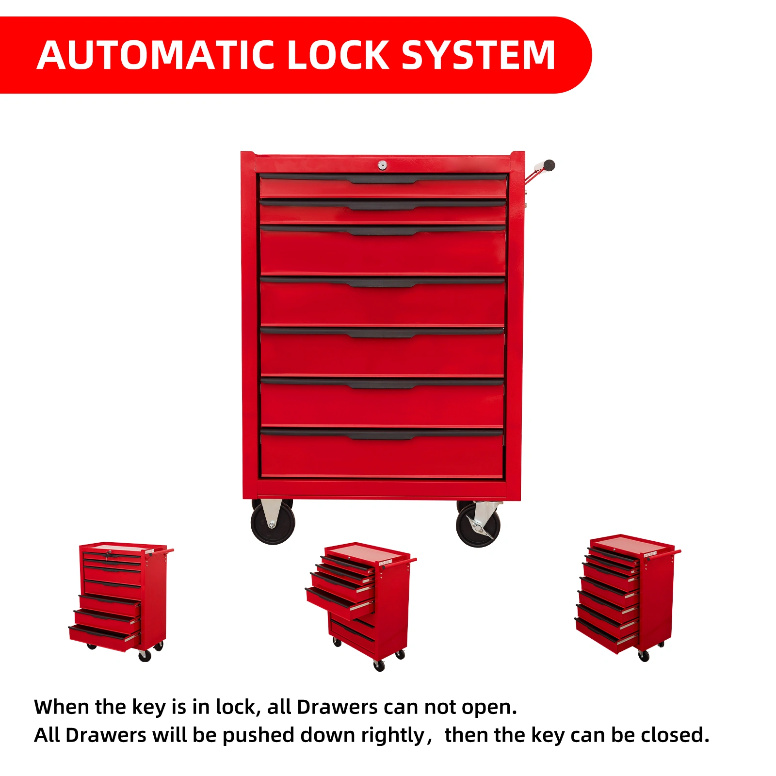 7-Drawer Rolling Tool Chest Cabinet, Large Metal Tool Box with Wheels, Cylinder Lock, Red - Roll-Around Garage Storage Organizer Cart for Warehouse & Workshop view 3