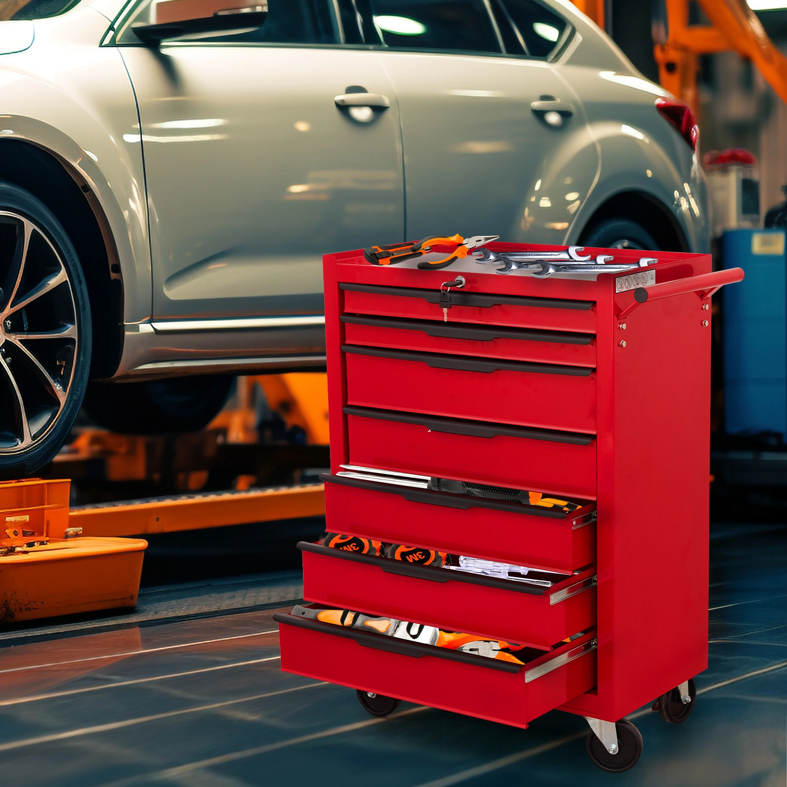7-Drawer Rolling Tool Chest Cabinet, Large Metal Tool Box with Wheels, Cylinder Lock, Red - Roll-Around Garage Storage Organizer Cart for Warehouse & Workshop view 6