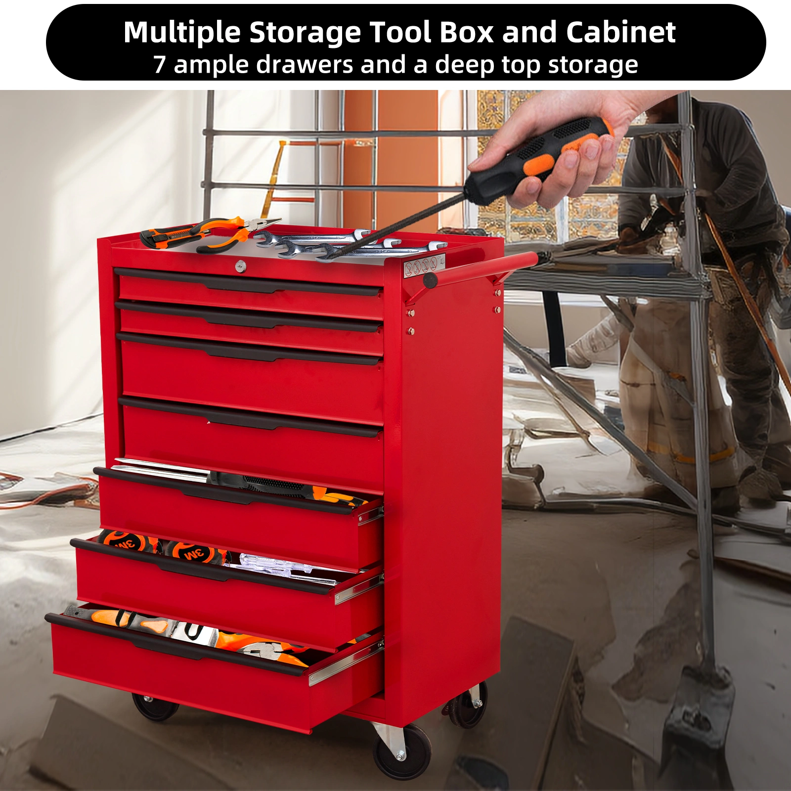 7-Drawer Rolling Tool Chest Cabinet, Large Metal Tool Box with Wheels, Cylinder Lock, Red - Roll-Around Garage Storage Organizer Cart for Warehouse & Workshop view 7