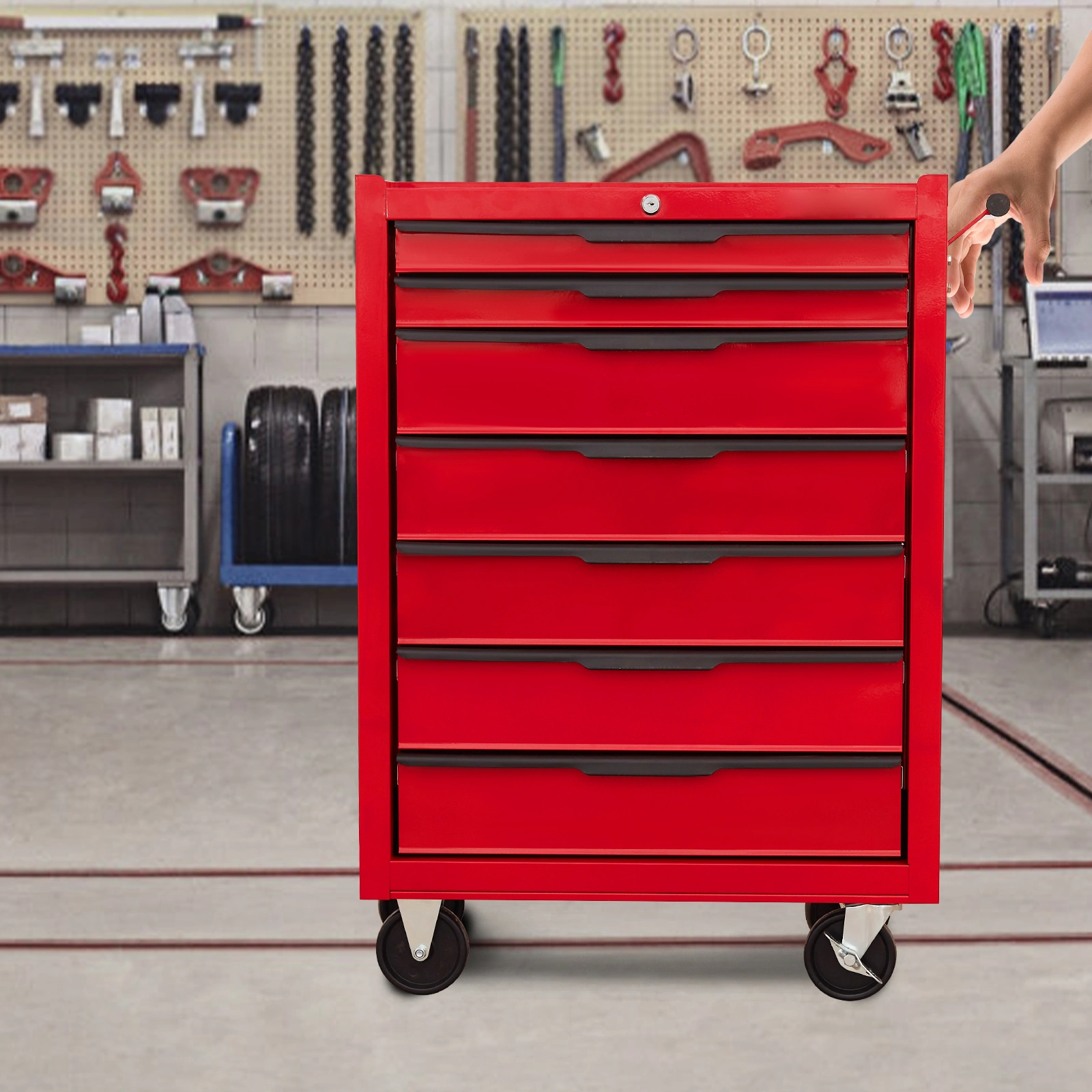 7-Drawer Rolling Tool Chest Cabinet, Large Metal Tool Box with Wheels, Cylinder Lock, Red - Roll-Around Garage Storage Organizer Cart for Warehouse & Workshop view 8