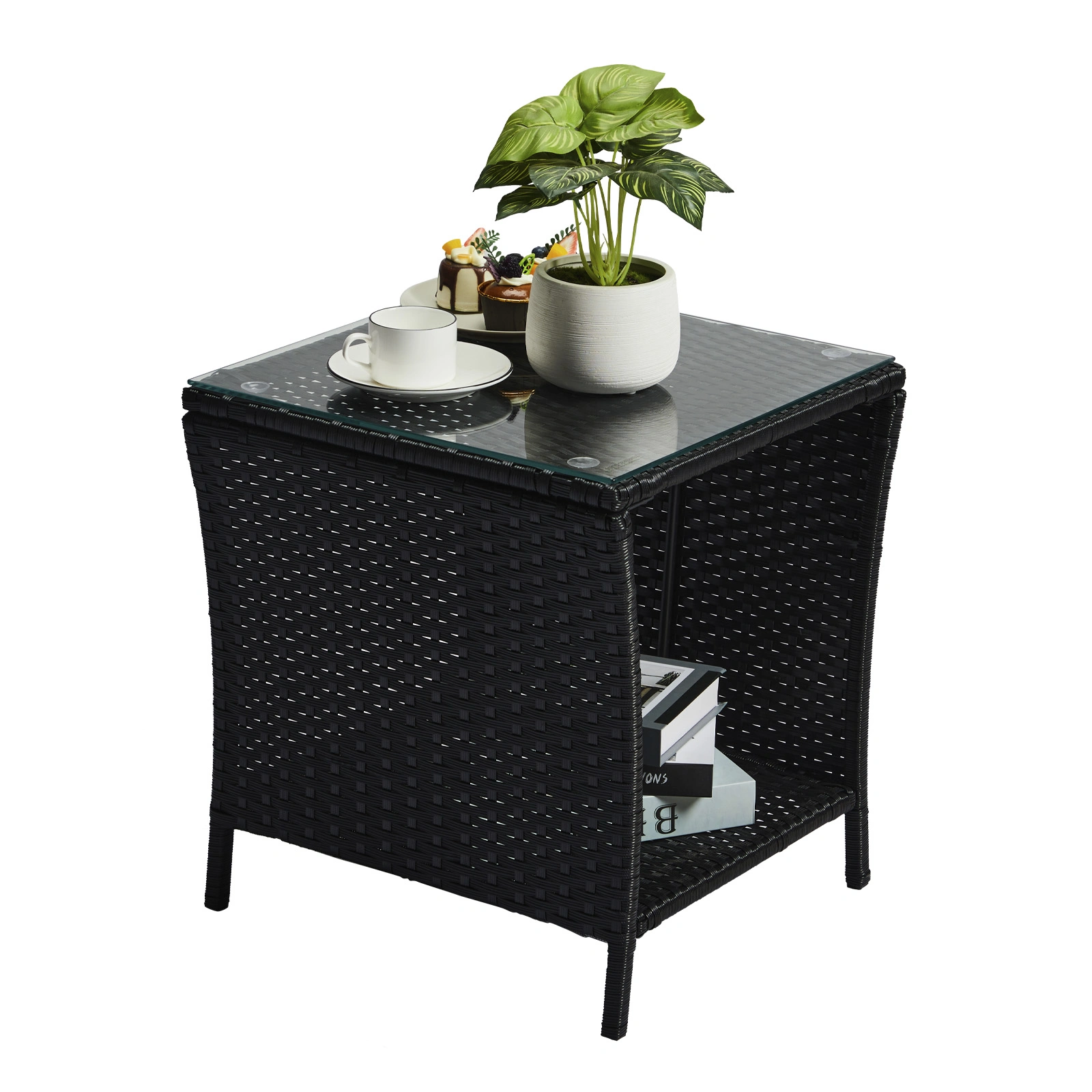 Outdoor Patio Wicker Side Table, Square End Table Bistro Coffee Table with Glass Top Storage Shelf for Porch Garden Backyard Black view 11