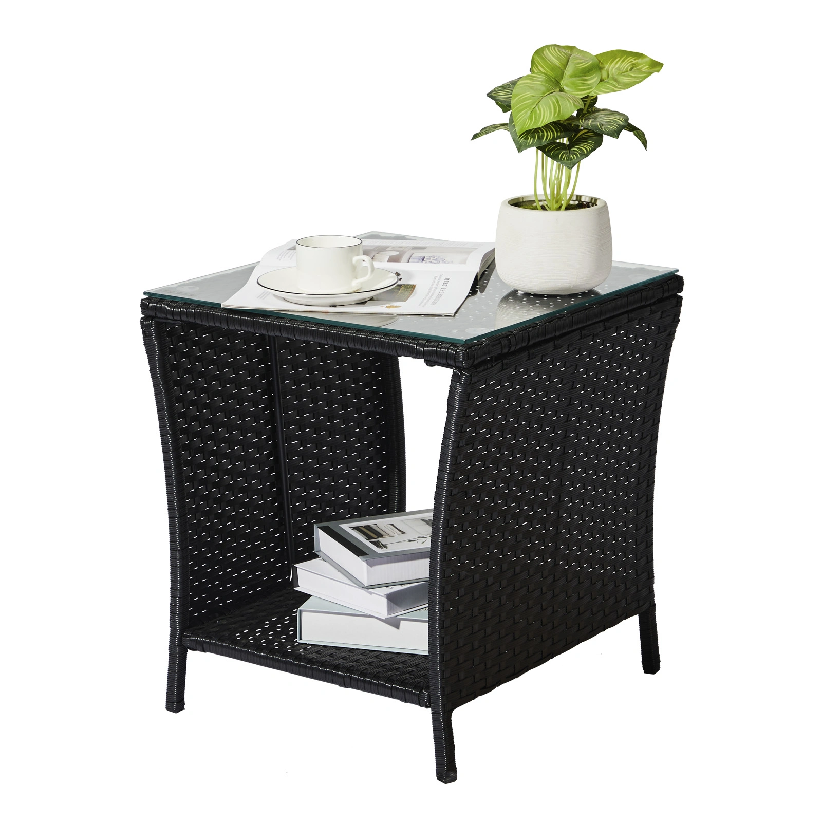 Outdoor Patio Wicker Side Table, Square End Table Bistro Coffee Table with Glass Top Storage Shelf for Porch Garden Backyard Black view 13
