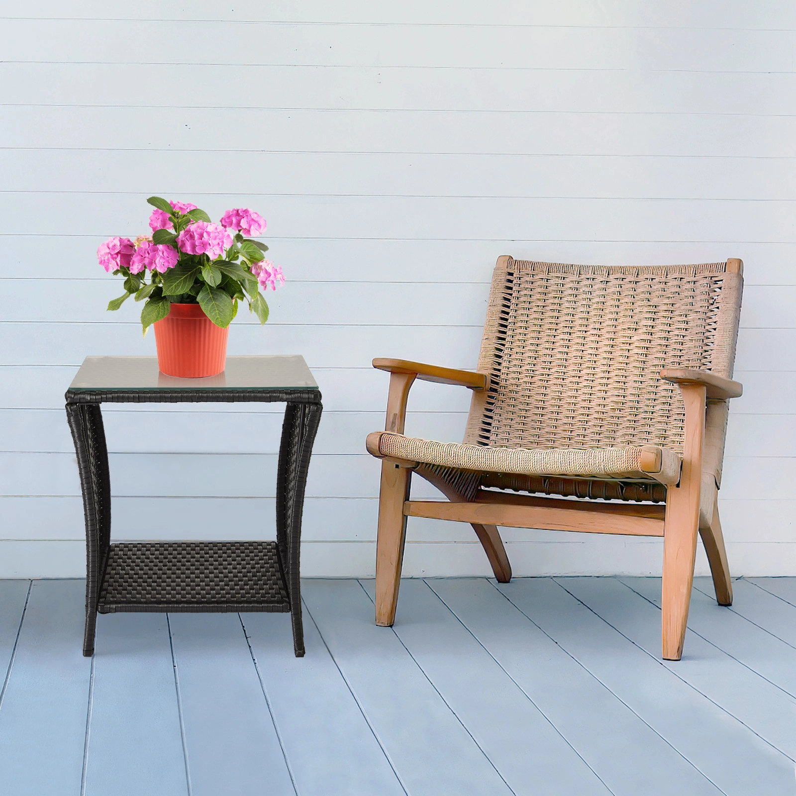 Outdoor Patio Wicker Side Table, Square End Table Bistro Coffee Table with Glass Top Storage Shelf for Porch Garden Backyard Black view 16